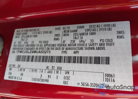 2021 Ford Escape Titanium Plug-In Hybrid из США, поврежденный, VIN 1FMCU0LZ4MUA53273